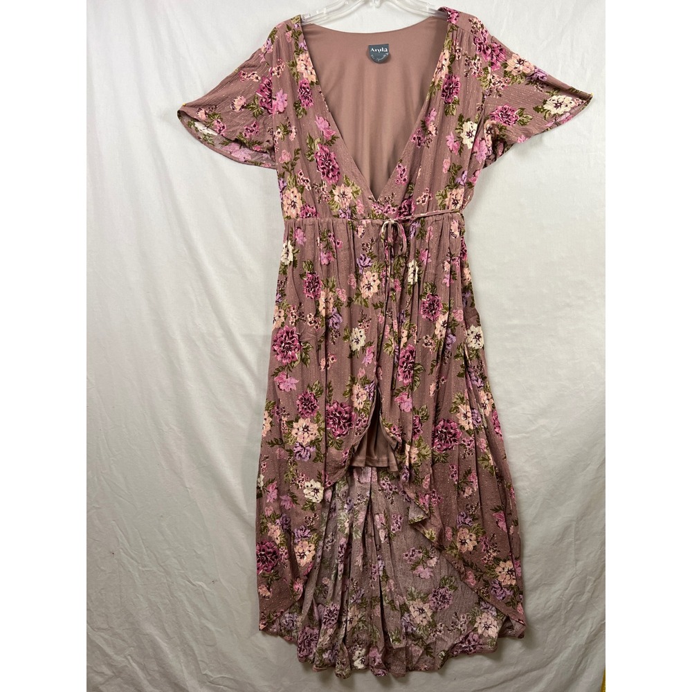 Arula X Maxi Wrap Dress Women Mauve Floral High Low Flutter Sleeve Metallic
